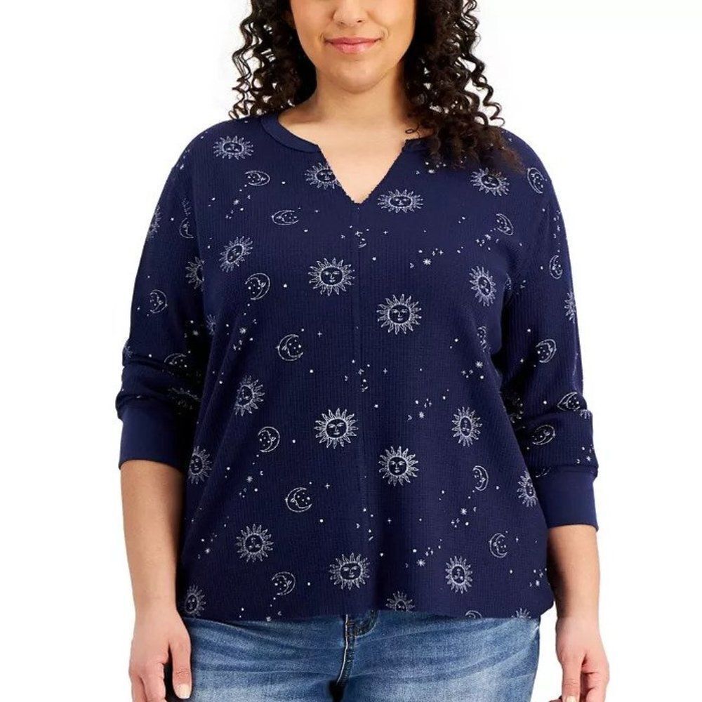 Rebellious One Trendy Plus Size Printed Notch-Neck Thermal Top
